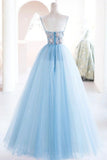 Blue Spaghetti Strap Tulle Beading Long A-Line Prom Dresses HZ1024