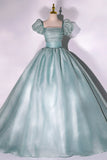 Green Tulle Floor Length Prom Dress, Lovely Short Sleeve Formal Evening Gown HZ1024