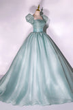 Green Tulle Floor Length Prom Dress, Lovely Short Sleeve Formal Evening Gown HZ1024