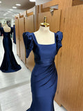 Dark Blue Blue Long Mermaid Prom Dress with Slit, Dark Blue Party Dress HZ1024