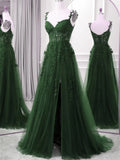 Green A-line Tulle with Lace Straps Floor Length Party Dress, Green Tulle Prom Dress HZ1024