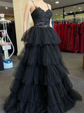 A-line Black Layers Tulle with Lace Straps Party Dress, Black Tulle Prom Dress HZ1024