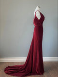 Wine Red Velvet Backless Straps Prom Dress, Wine Red Velvet Party Dress HZ1024