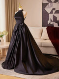 Black Halter Satin A-line Simple Style Prom Dress, Black Satin Party Dress HZ1024