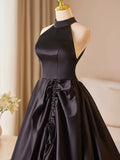 Black Halter Satin A-line Simple Style Prom Dress, Black Satin Party Dress HZ1024