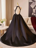 Black Halter Satin A-line Simple Style Prom Dress, Black Satin Party Dress HZ1024
