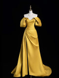 Gold Satin Off Shoulder A-line Party Dress Prom Dress, Gold Satin Party Dress HZ1024