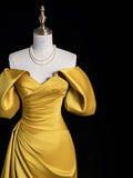 Gold Satin Off Shoulder A-line Party Dress Prom Dress, Gold Satin Party Dress HZ1024