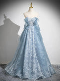 Light Blue A-line Lace and Tulle Long Party Dress, Blue Round Neckline Prom Dress HZ1024
