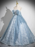 Light Blue A-line Lace and Tulle Long Party Dress, Blue Round Neckline Prom Dress HZ1024