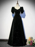 Black A-line Velvet Long Prom Dress Party Dress, Black Short Sleeves Prom Dress HZ1024
