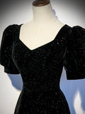 Black A-line Velvet Long Prom Dress Party Dress, Black Short Sleeves Prom Dress HZ1024