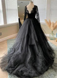 Black A-line Long Lace Sleeves Tulle Formal Dress, Black Prom Dress Party Dress HZ1024