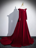 A-line Wine Red Velvet Long Sleeves Low Back Prom Dress, Wine Red Party Dress HZ1024