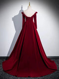 A-line Wine Red Velvet Long Sleeves Low Back Prom Dress, Wine Red Party Dress HZ1024