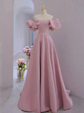 Pink Satin A-line Floor Length Party Dress, Pink Satin Short Sleeves Prom Dress HZ1024