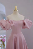 Pink Satin A-line Floor Length Party Dress, Pink Satin Short Sleeves Prom Dress HZ1024