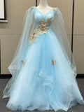 Light Blue Tulle with Gold Lace Applique Party Dress, Light Blue Prom Dress HZ1024