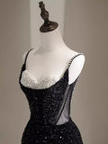 Black Sequins Mermaid Straps Beaded Prom Dress, Black Sequins Party Dress HZ1024