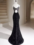 Black Sequins Mermaid Straps Beaded Prom Dress, Black Sequins Party Dress HZ1024