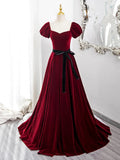 Wine Red Velvet Short Sleeves A-line Prom Dress, Wine Red Long Party Dress HZ1024