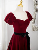 Wine Red Velvet Short Sleeves A-line Prom Dress, Wine Red Long Party Dress HZ1024
