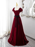 Wine Red Velvet Short Sleeves A-line Prom Dress, Wine Red Long Party Dress HZ1024