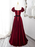 Wine Red Velvet Short Sleeves A-line Prom Dress, Wine Red Long Party Dress HZ1024