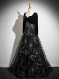 Black Long Sleeves Velet and Tulle Party Dress, Black Sweetheart Prom Dress HZ1024