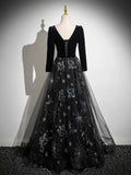 Black Long Sleeves Velet and Tulle Party Dress, Black Sweetheart Prom Dress HZ1024