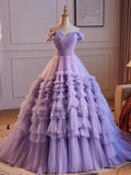Purple Off Shoulder Sweetheart Tulle Sweet 16 Dress, Purple Tulle Long Prom Dress HZ1024