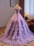 Purple Off Shoulder Sweetheart Tulle Sweet 16 Dress, Purple Tulle Long Prom Dress HZ1024