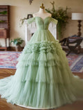 Green Sweetheart Tulle Off Shoulder Layers Long Formal Dress, Green Sweet 16 Dress HZ1024