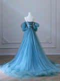 Chic Blue Sweetheart Straps Off Shoulder Tulle Formal Dress, Blue Prom Dress HZ1024