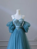 Chic Blue Sweetheart Straps Off Shoulder Tulle Formal Dress, Blue Prom Dress HZ1024