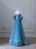Chic Blue Sweetheart Straps Off Shoulder Tulle Formal Dress, Blue Prom Dress HZ1024
