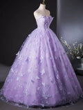 Purple Lace Strapless Floor Length Party Dress, Purple Lace Long Prom Dress HZ1024