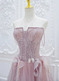 Pink Tulle with Lace A-line Prom Dress, Pink Tulle Party Dress HZ1024