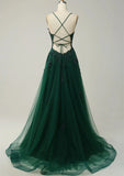 Green V-neckline Tulle with Lace Cross Back, Green Tulle Prom Dress HZ1024