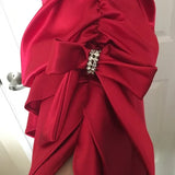 Vintage Hot Red Satin Prom Dress V-neck Ruffles Halter Dress Evening Dress A-Line Formal Dress HZ1024