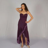 Dark Purple Spaghetti Straps Ruffles Vintage Long Prom Dress HZ1024