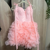 Fashion Pink Sweetheart Tulle Design Spaghetti Strap Tiered Homecoming Dress HZ1024