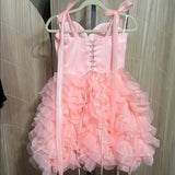 Fashion Pink Sweetheart Tulle Design Spaghetti Strap Tiered Homecoming Dress HZ1024