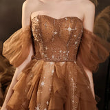 Elegant Champagne Sweetheart Shiny Sequin Ruffle Design A-Line Chiffon Tulle Evening Dress Prom Dress HZ1024