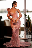Vintage Pink Mermaid Prom Dress Sparkling Beaded Evening Gown One-shoulder Party Dress Long Formal Dress HZ1024