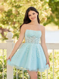 Charming Light Blue Tulle Lace Appliques Design A-line Strapless Homecoming Dress HZ1024