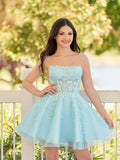 Charming Light Blue Tulle Lace Appliques Design A-line Strapless Homecoming Dress HZ1024