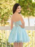 Charming Light Blue Tulle Lace Appliques Design A-line Strapless Homecoming Dress HZ1024