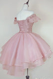 Vintage Pink Beading Design Short Evening Dress, A-line Off-the-shoulder Homecoming Dress HZ1024