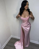 Elegant Satin Strapless High Slit Mermaid Long Prom Dress Party Dress Evening Dress HZ1024